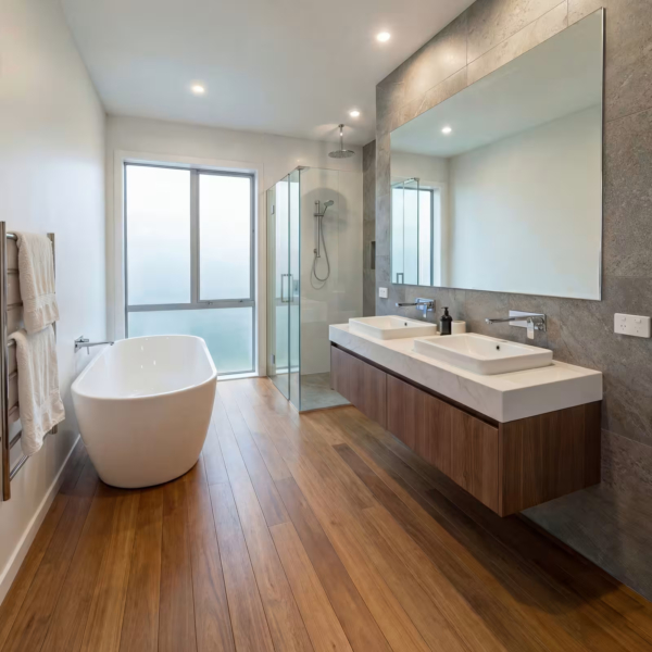 Parquet Teck verni 14x90